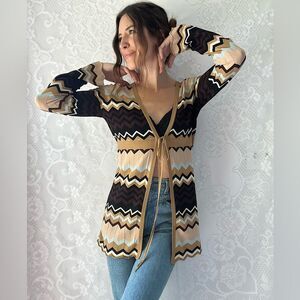 Y2K Sydney Easton Chevron Striped Tie-Front Cardigan Sweater with Lettuce Hem